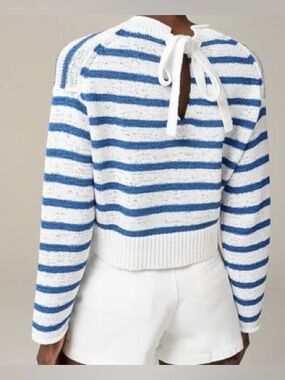 J Crew Tie Back Rollneck Sweater M Coast Stripe Knit Blue White Preppy Pullover